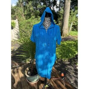 Swim 365 Women's Sz 14/16 Hooded Terry Swim Cover Up Blue Full Zip Short Sleeves